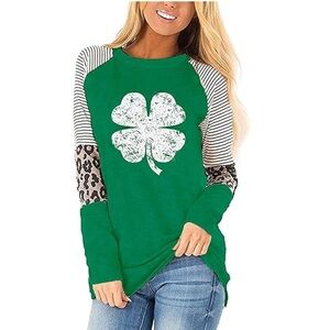 Fronage Womens Leopard Print/Shamrock Color Block Long Sleeve Shirt Tunics | NEW